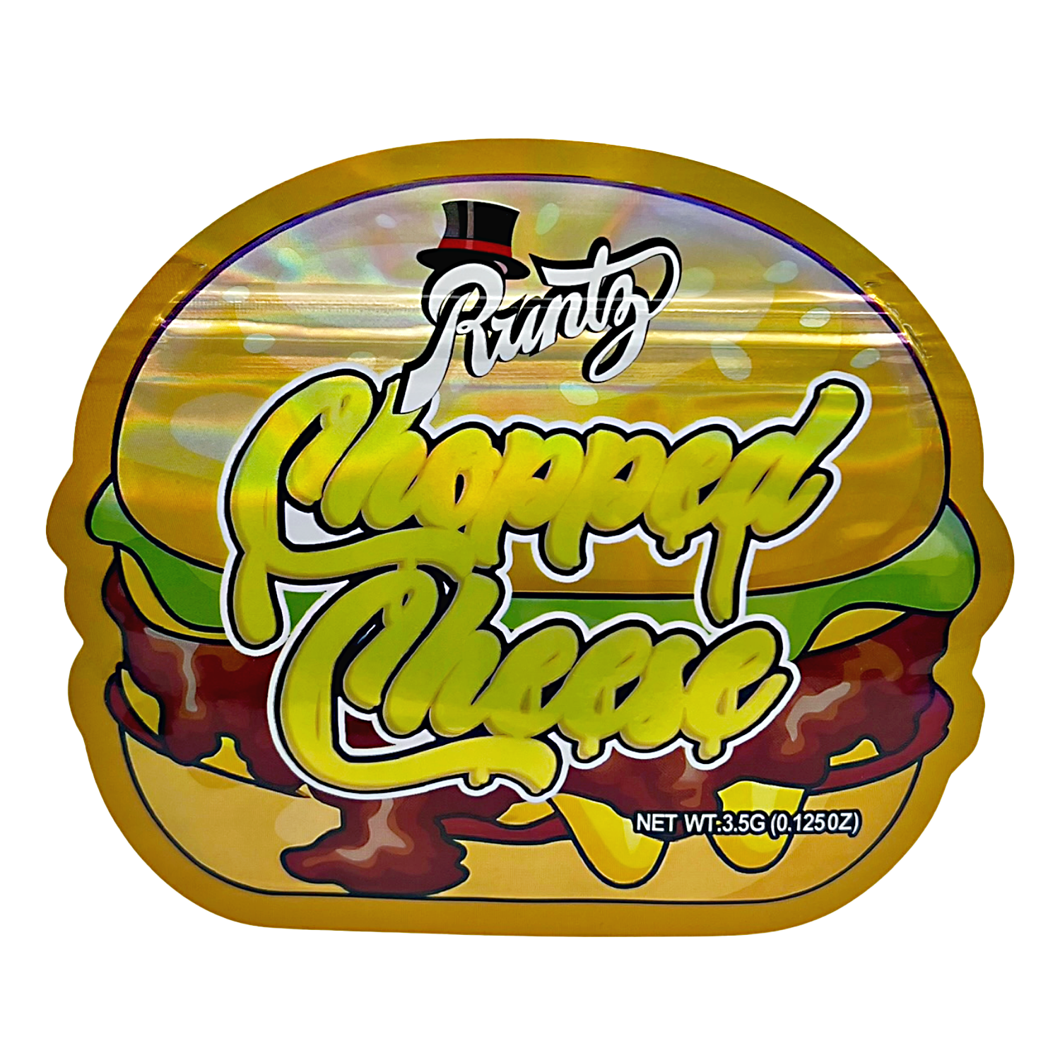 Mylar bag 3.5g, herb Mylar Bags, Where to buy mylar bags, Custom mylar bags near me, Mylar Bags Wholesale. Packaged snack with 'Punny Chopped Cheese' branding on a white background