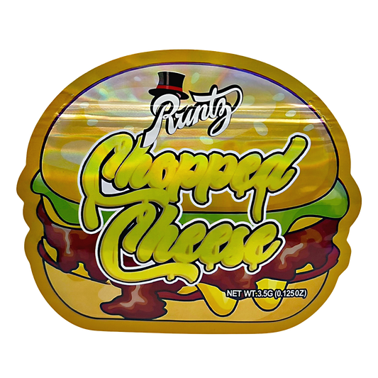 Mylar bag 3.5g, herb Mylar Bags, Where to buy mylar bags, Custom mylar bags near me, Mylar Bags Wholesale. Packaged snack with 'Punny Chopped Cheese' branding on a white background