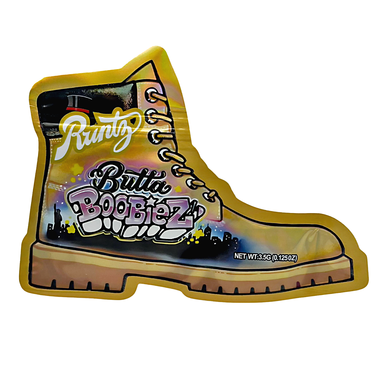 Mylar bag 3.5g, herb Mylar Bags, Where to buy mylar bags, Custom mylar bags near me, Mylar Bags Wholesale. Boot-shaped packaging with 'Runtz' and 'Butta Boobiez' branding on a white background