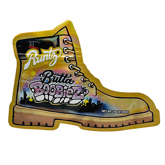 Mylar bag 3.5g, herb Mylar Bags, Where to buy mylar bags, Custom mylar bags near me, Mylar Bags Wholesale. Boot-shaped packaging with 'Runtz' and 'Butta Boobiez' branding on a white background