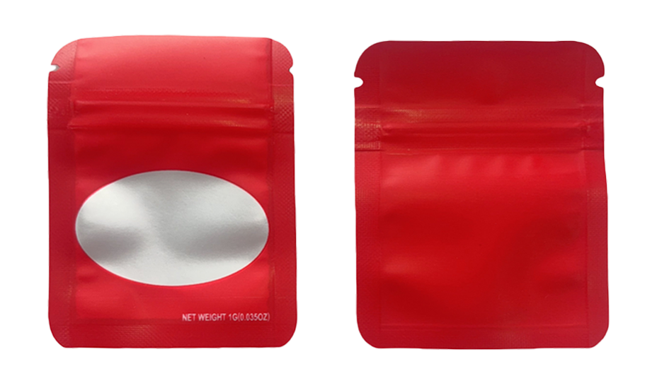 Solid Color Zip-Seal Foil Pouches (2"x3.25") Oval Window - Red (100 Count)
