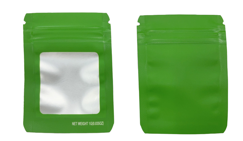 1g Solid Color Window Mylar Storage Bag - Green (100 Count)