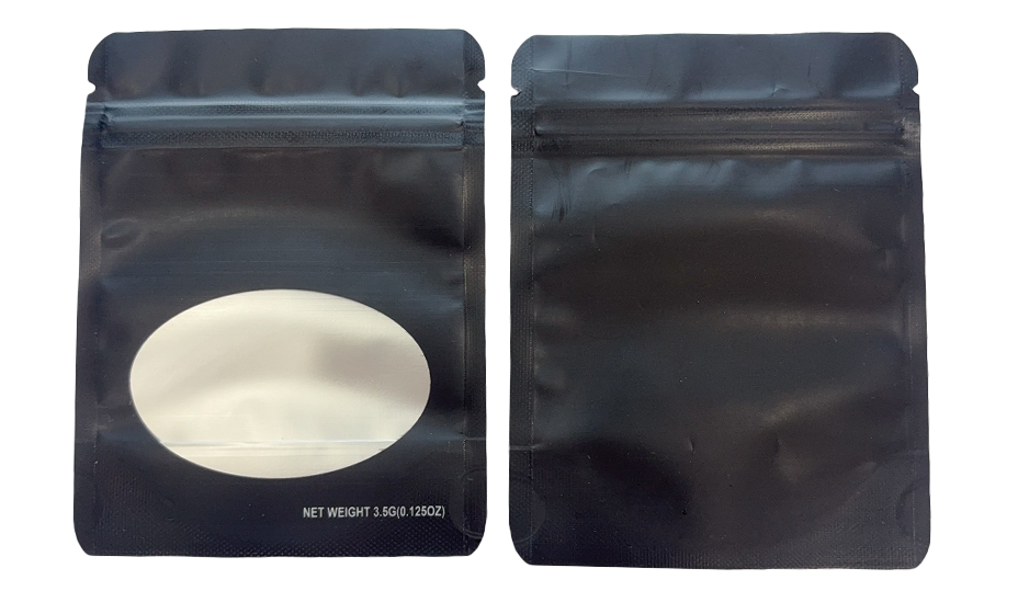Mylar bag 3.5g, herb Mylar Bags, Where to buy mylar bags, Custom mylar bags near me, Mylar Bags Wholesale. Two black ziplock bags with a white powder inside on a white background