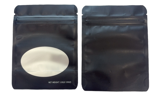 Mylar bag 3.5g, herb Mylar Bags, Where to buy mylar bags, Custom mylar bags near me, Mylar Bags Wholesale. Two black ziplock bags with a white powder inside on a white background