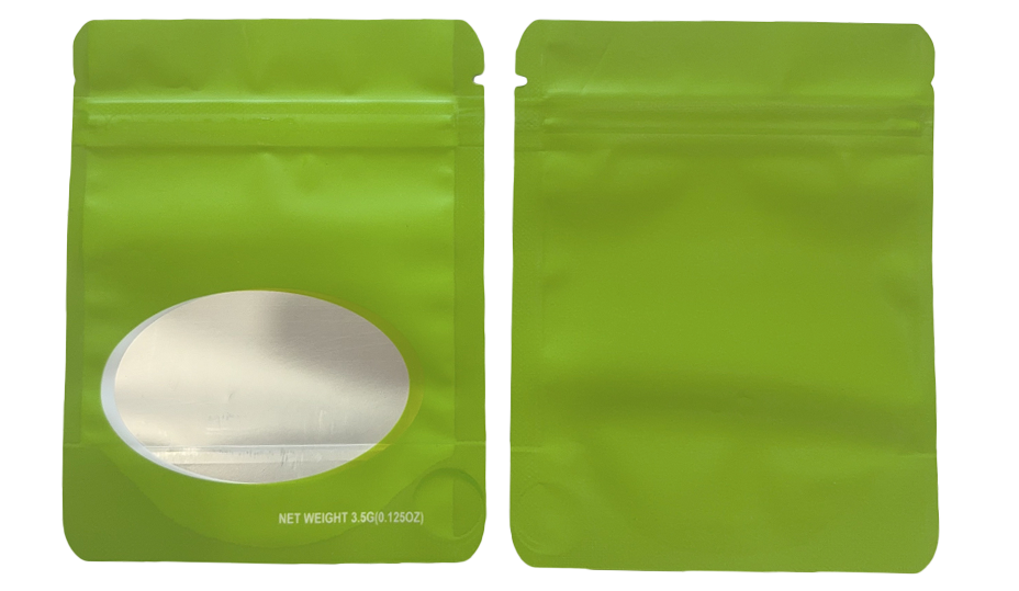 Mylar bag 3.5g, herb Mylar Bags, Where to buy mylar bags, Custom mylar bags near me, Mylar Bags Wholesale. Green stand-up pouch with window on a white background