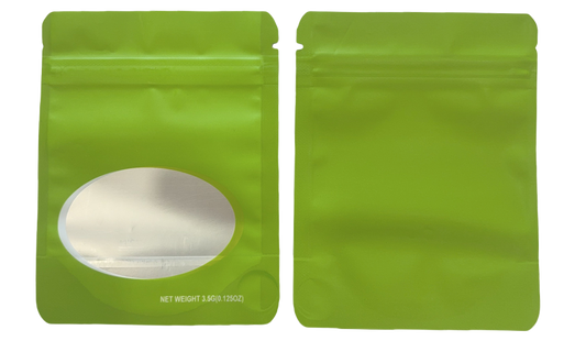 Mylar bag 3.5g, herb Mylar Bags, Where to buy mylar bags, Custom mylar bags near me, Mylar Bags Wholesale. Green stand-up pouch with window on a white background
