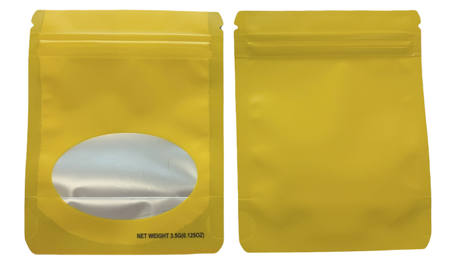 Mylar bag 3.5g, herb Mylar Bags, Where to buy mylar bags, Custom mylar bags near me, Mylar Bags Wholesale. Two yellow stand-up pouches with a window on a white background