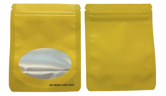 Mylar bag 3.5g, herb Mylar Bags, Where to buy mylar bags, Custom mylar bags near me, Mylar Bags Wholesale. Two yellow stand-up pouches with a window on a white background