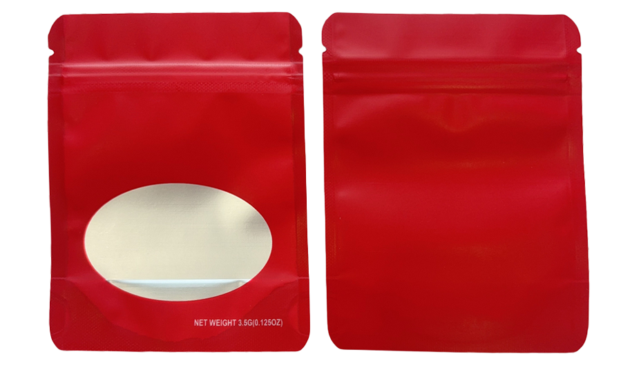 Mylar bag 3.5g, herb Mylar Bags, Where to buy mylar bags, Custom mylar bags near me, Mylar Bags Wholesale. Two red stand-up pouches with a white label on a white background