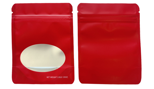 Mylar bag 3.5g, herb Mylar Bags, Where to buy mylar bags, Custom mylar bags near me, Mylar Bags Wholesale. Two red stand-up pouches with a white label on a white background