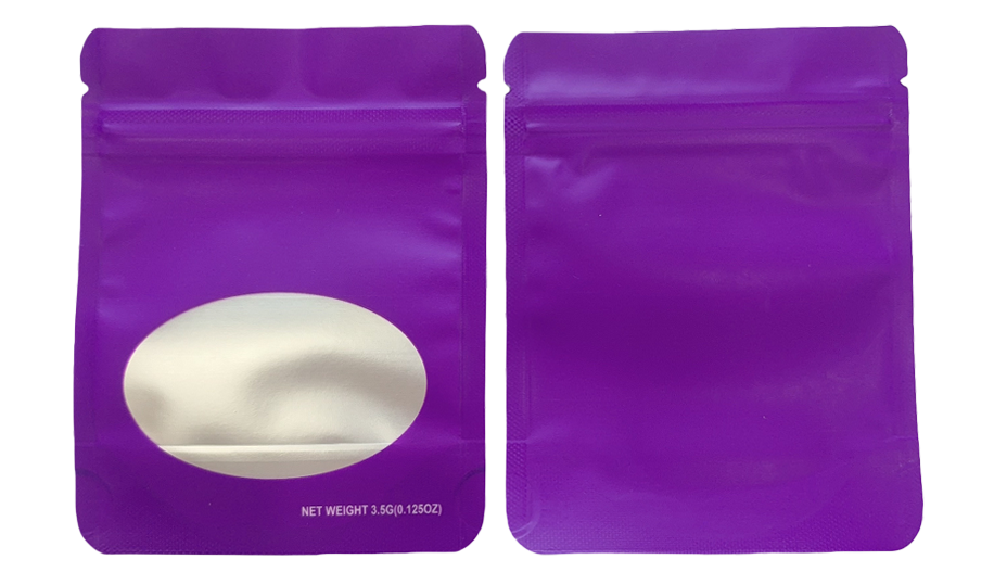Mylar bag 3.5g, herb Mylar Bags, Where to buy mylar bags, Custom mylar bags near me, Mylar Bags Wholesale. Purple packaging pouch with a white oval object on a white background
