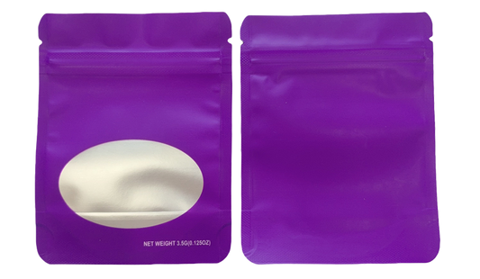 Mylar bag 3.5g, herb Mylar Bags, Where to buy mylar bags, Custom mylar bags near me, Mylar Bags Wholesale. Purple packaging pouch with a white oval object on a white background