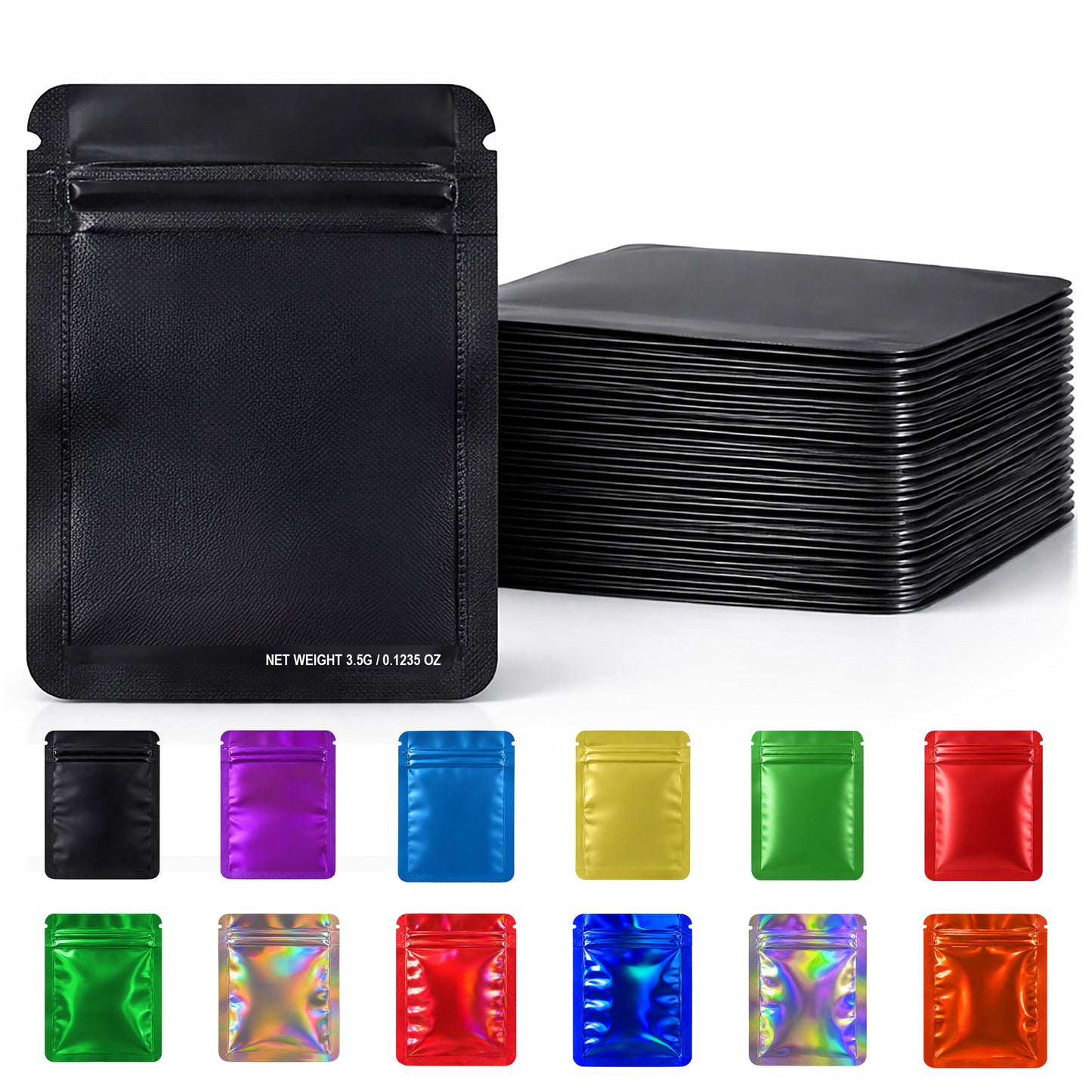 50 Pack – 3.5g Solid Color Mylar Bags Plain No Window - Metallic Black