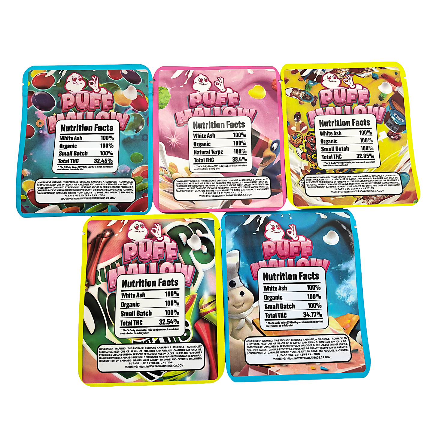 25 Pack - 3.5g Thick Sticker Mylar Bags Premium Smell Proof Packaging | Puff Mallow Collection Vol. 2