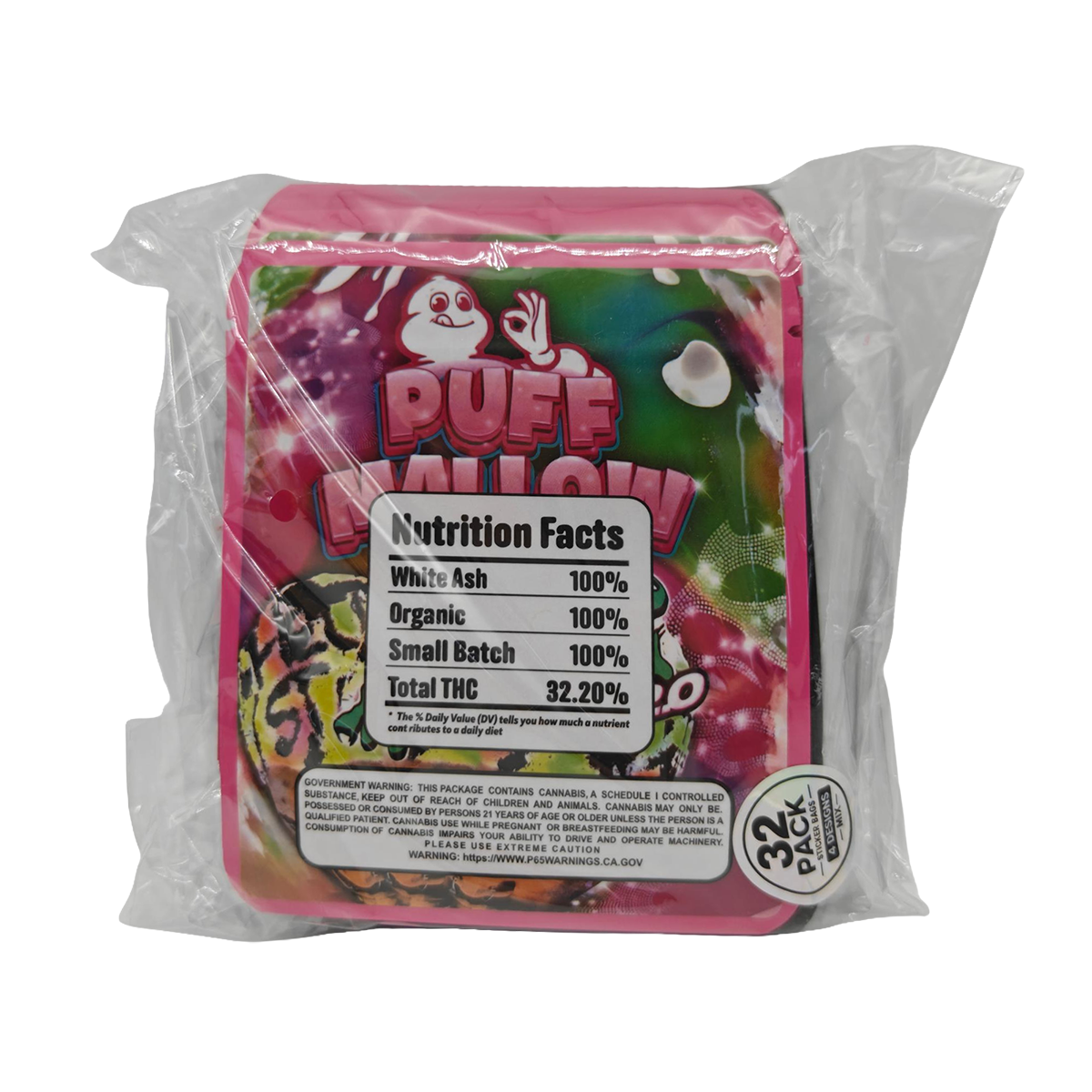 32 Pack - 3.5g Thick Sticker Mylar Bags - Premium Smell Proof Packaging Mix - Puff Mallow Asst