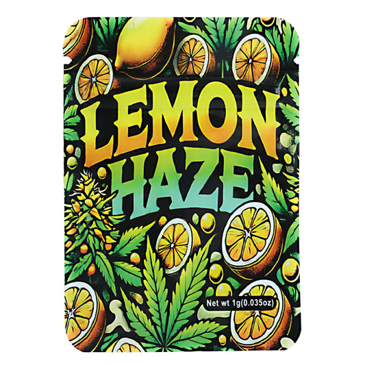 Mylar Bag Packaging for 'Lemon Haze' with lemon slices and herb leaves on a black background