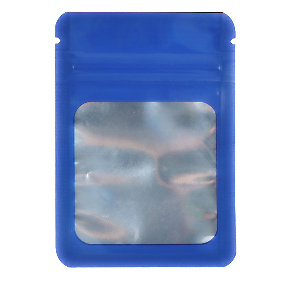 Mylar Bag Blue transparent ziplock bag with a reflective interior on a white background
