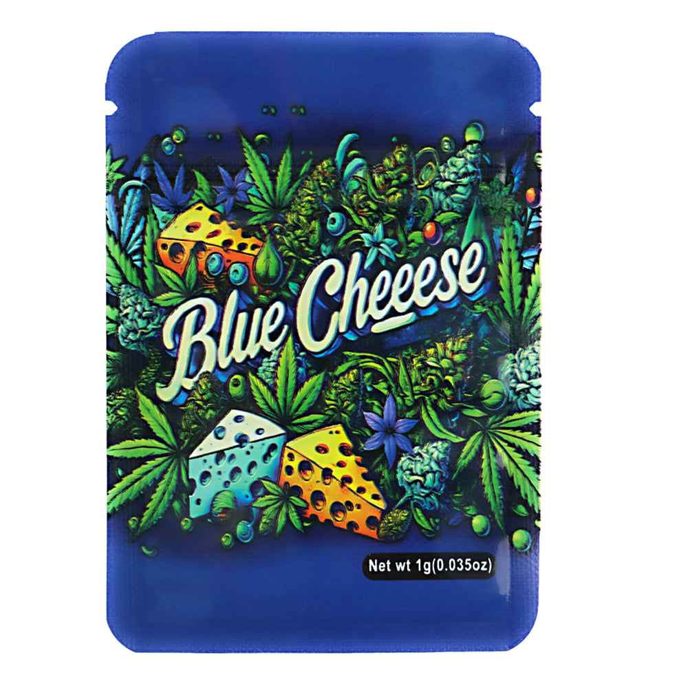 Mylar Bag Blue cheese packaging with colorful design on a white background