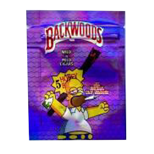 Mylar Bag Product packaging with a character holding a gun and 'Backwoods' text on a purple background