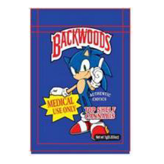 Mylar Bag Backwoods branded product packaging with a cartoon character on a blue background