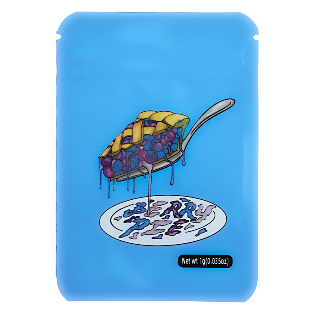 Mylar Bag Blue packaging with a berry pie illustration on a white background