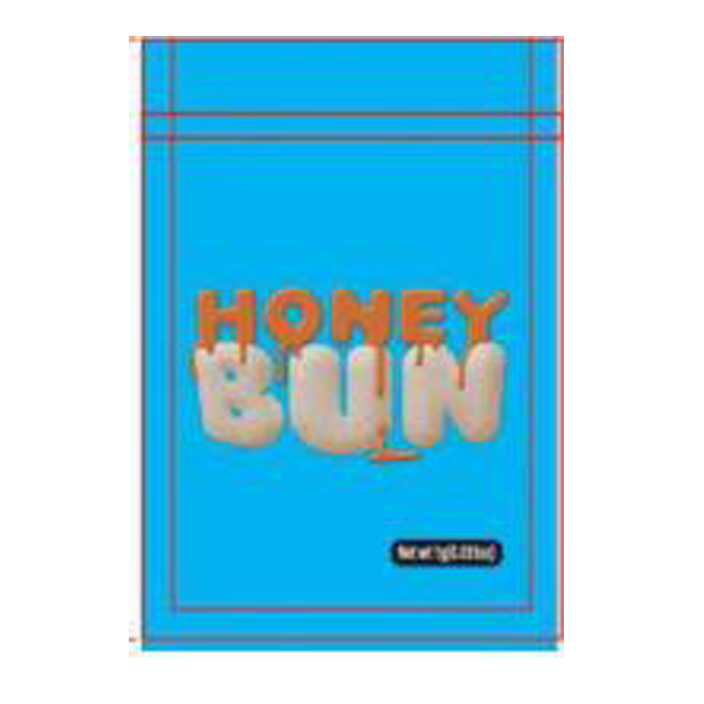 Mylar Bag Blue bag with 'Honey Bun' text on a white background
