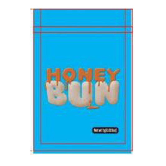 Mylar Bag Blue bag with 'Honey Bun' text on a white background