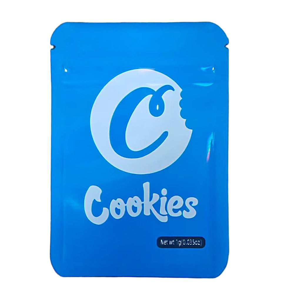 Mylar Bag Blue packaging of Cookies with a logo on a white background