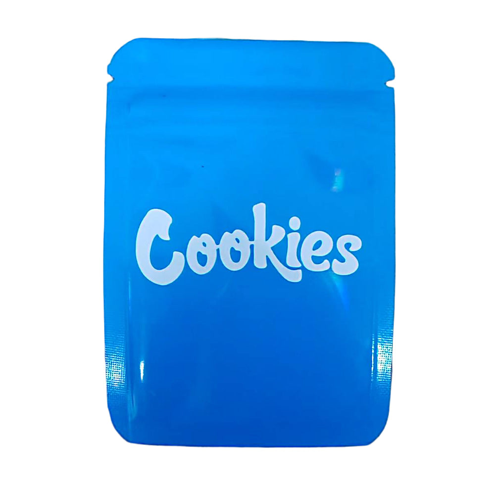 Mylar Bag Blue 'Cookies' packaging on a white background