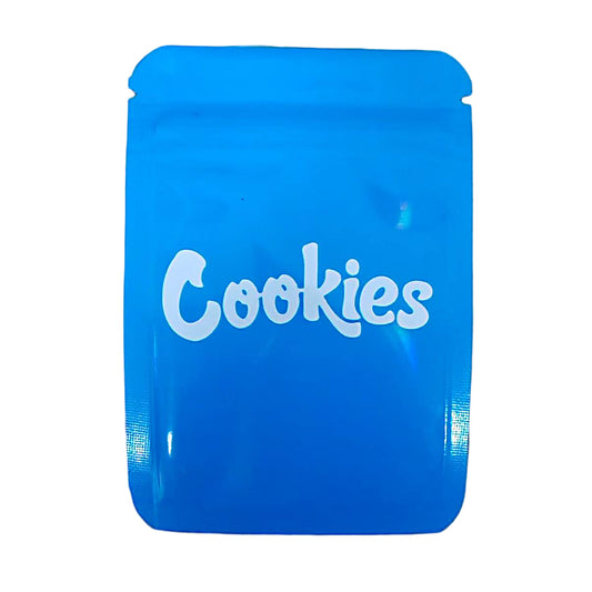 Mylar Bag Blue 'Cookies' packaging on a white background