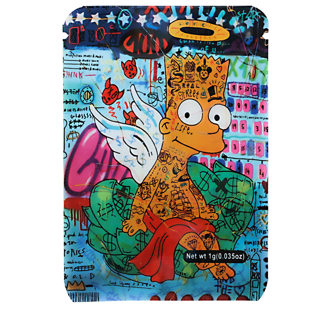 Mylar Bag Colorful packaging with a cartoon character and various designs on a white background