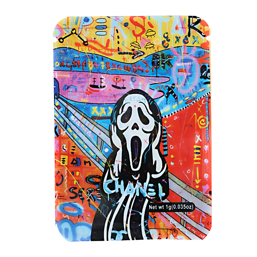 Mylar Bag Colorful packaging with a stylized face and 'Chanel' branding on a white background