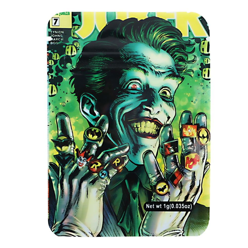 Mylar Bag Comic book-style packaging of the Joker with colorful design elements.