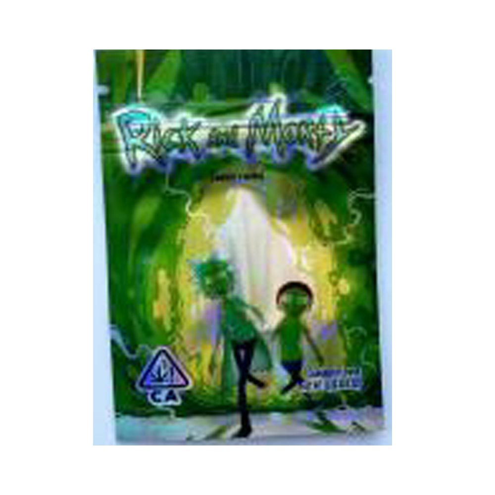 Mylar Bag Packaging of 'Rick and Morty' with characters and green theme