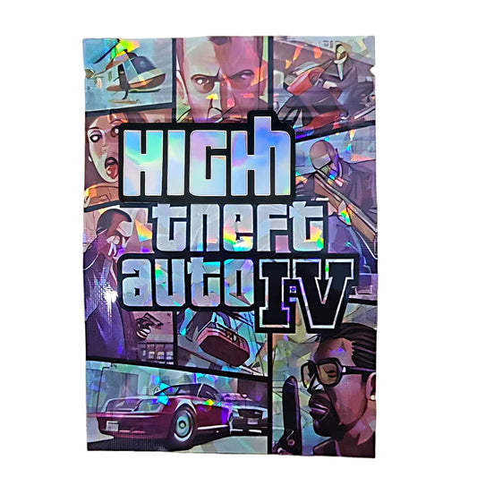 Mylar Bag Holographic comic book-style cover with 'High Theft Auto IV' text and various characters and objects.