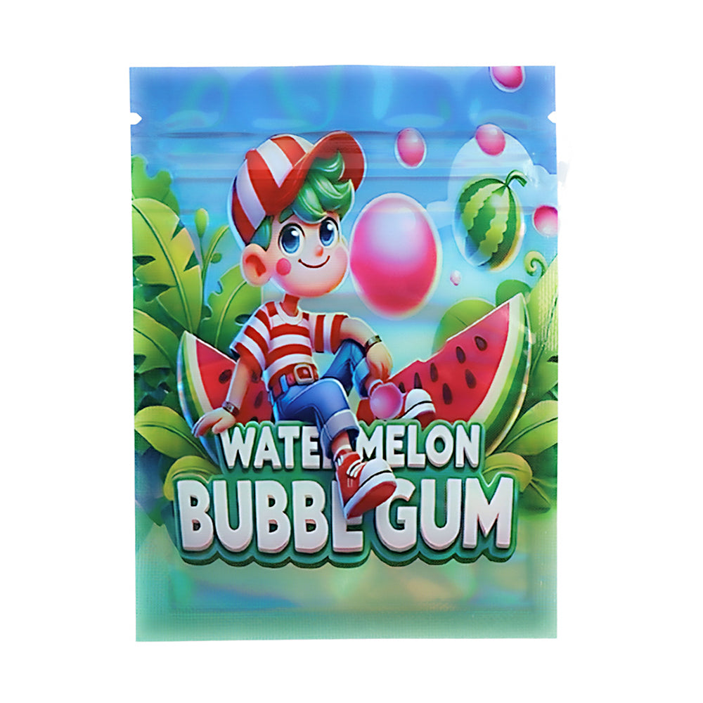 Mylar Bag Watermelon bubble gum packaging with a cartoon character and watermelons on a blue background