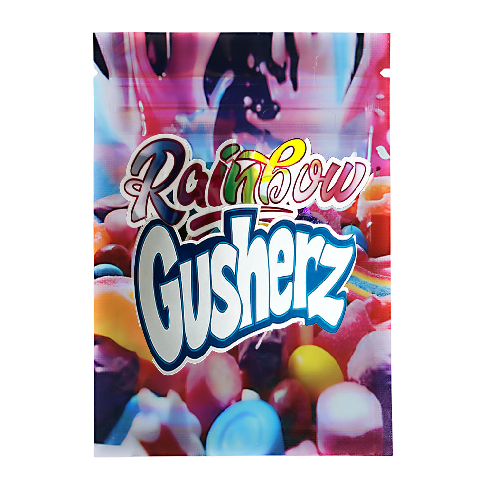 Mylar Bag Colorful packaging of Rainbow Gusherz with a multicolored background