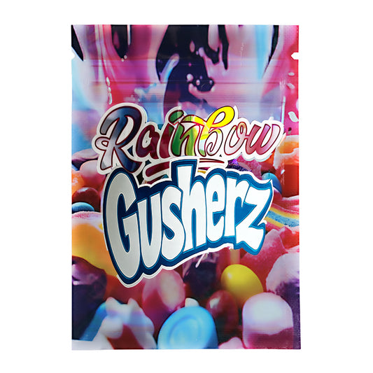 Mylar Bag Colorful packaging of Rainbow Gusherz with a multicolored background
