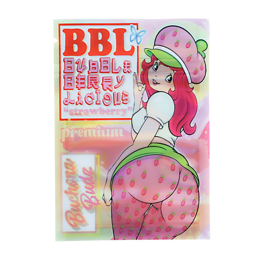 Mylar Bag Product packaging with cartoon character and 'BBL' branding on a white background