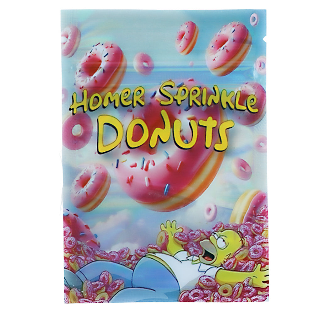 Mylar Bag Cartoon character surrounded by pink donuts with 'Homer Sprinkle Donuts' text.