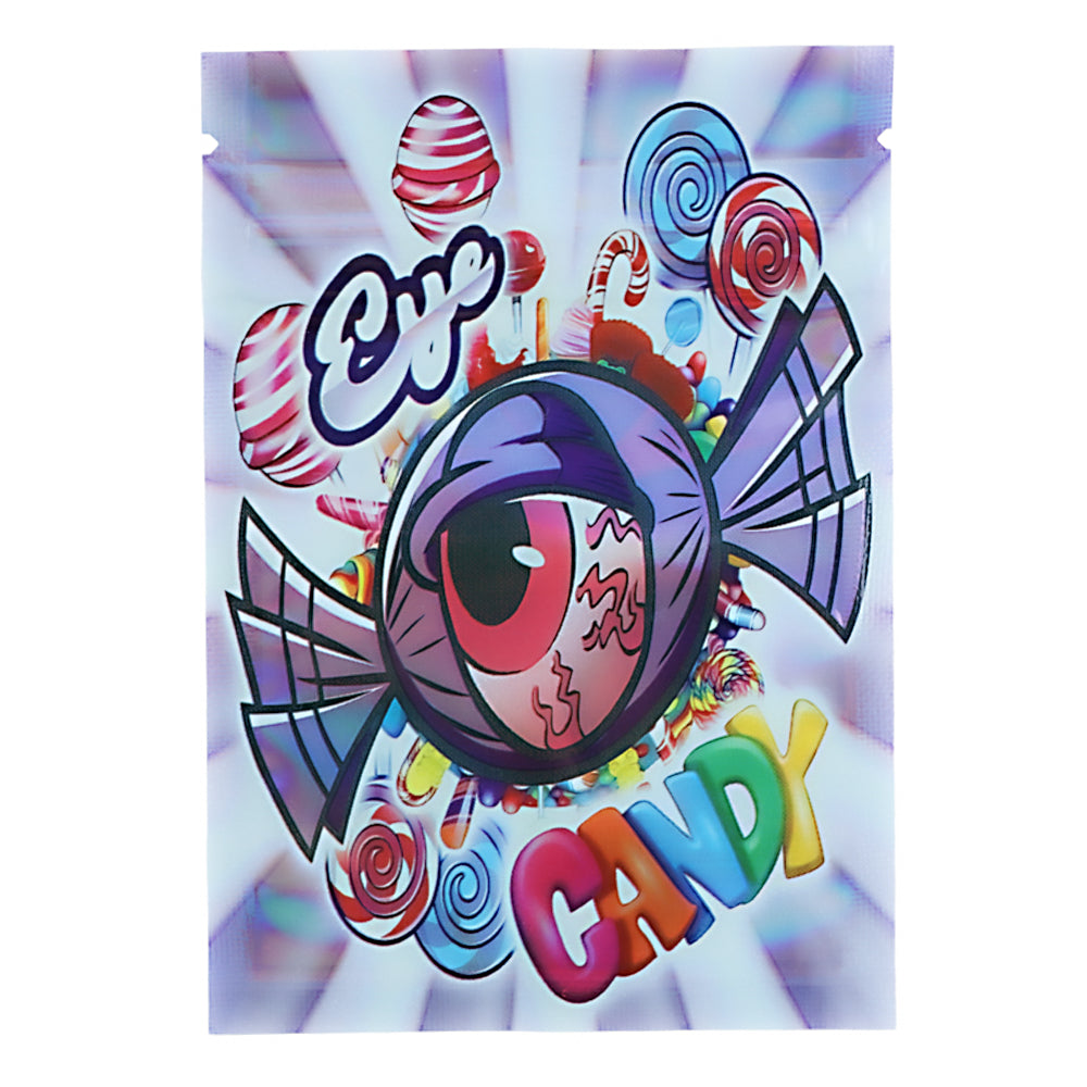 Mylar Bag Colorful candy-themed design with an eye and text on a white background