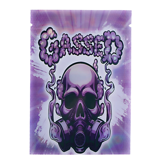 Mylar Bag Purple gas mask with 'GASSE' text on a purple and white abstract background