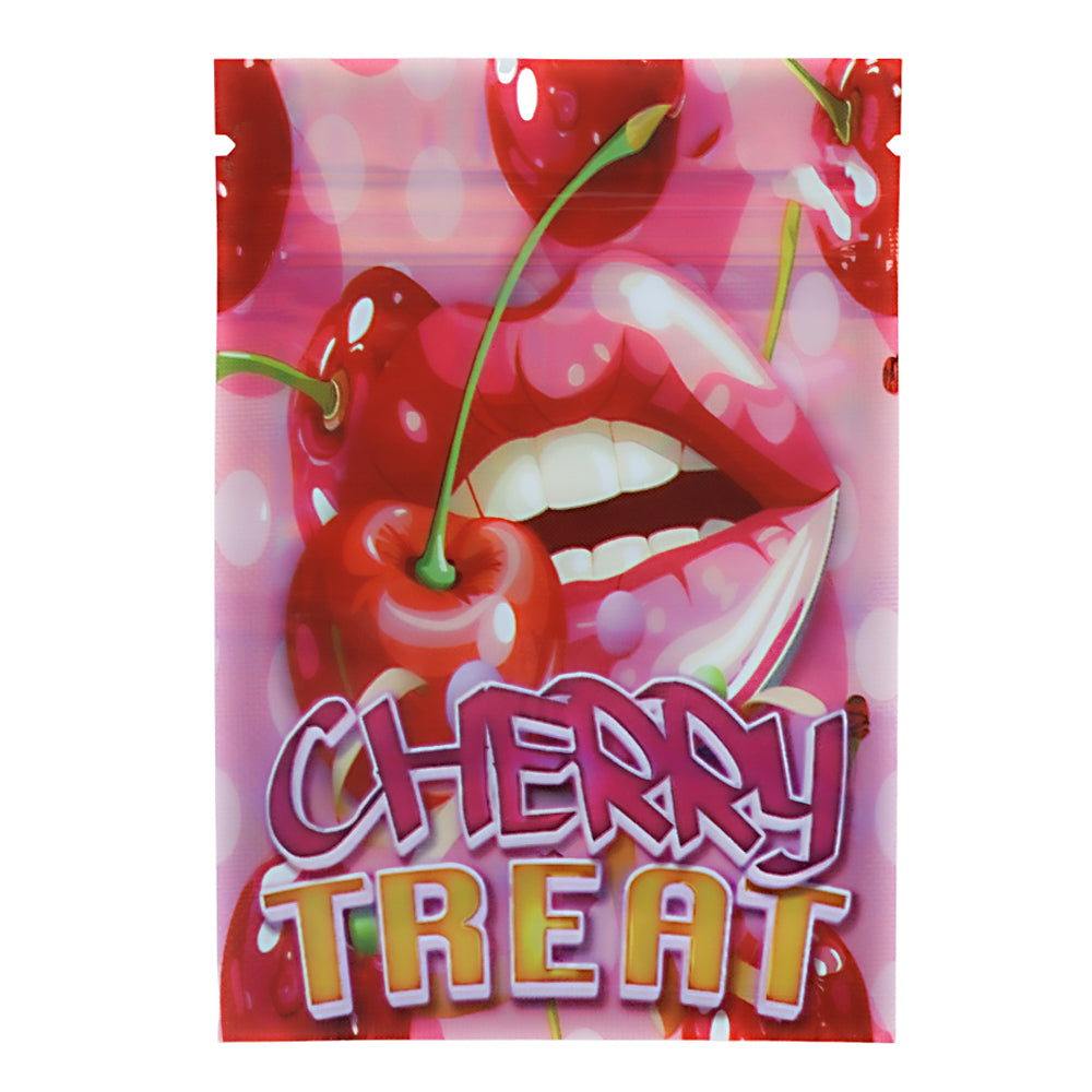 Mylar Bag Sachet with cherry design and 'Cherry Treat' text on a pink background