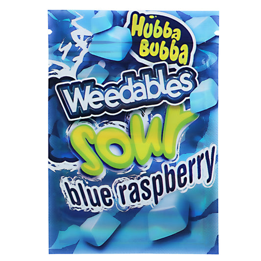 Mylar Bag Hubba Bubba Weedables Sour Blue Raspberry packaging with blue background