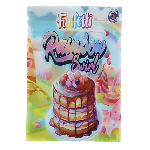 Mylar Bag Funfetti Rainbow Swirl cake mix packaging with colorful design and cake illustration.