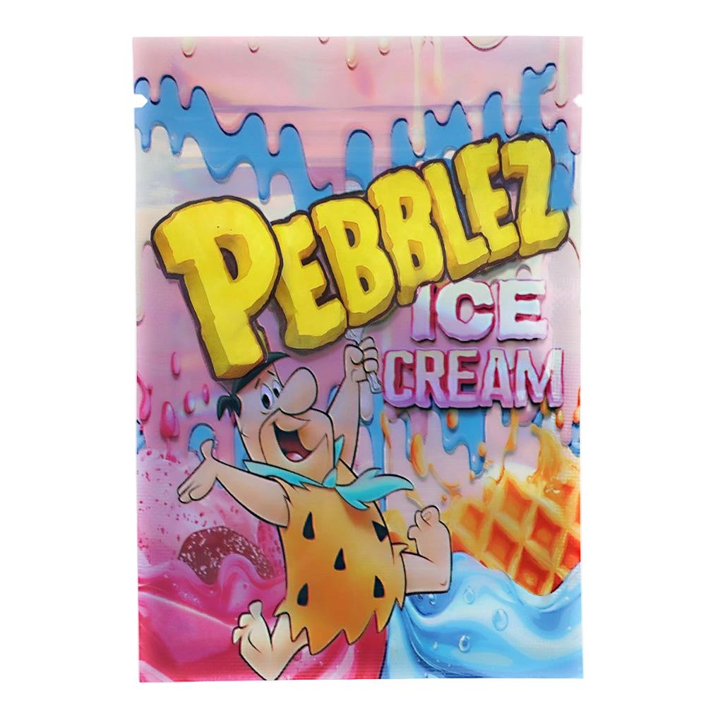 Mylar Bag Pebblez Ice Cream packaging with cartoon character and ice cream graphics on a pink background