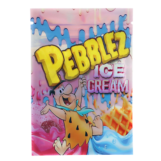 Mylar Bag Pebblez Ice Cream packaging with cartoon character and ice cream graphics on a pink background