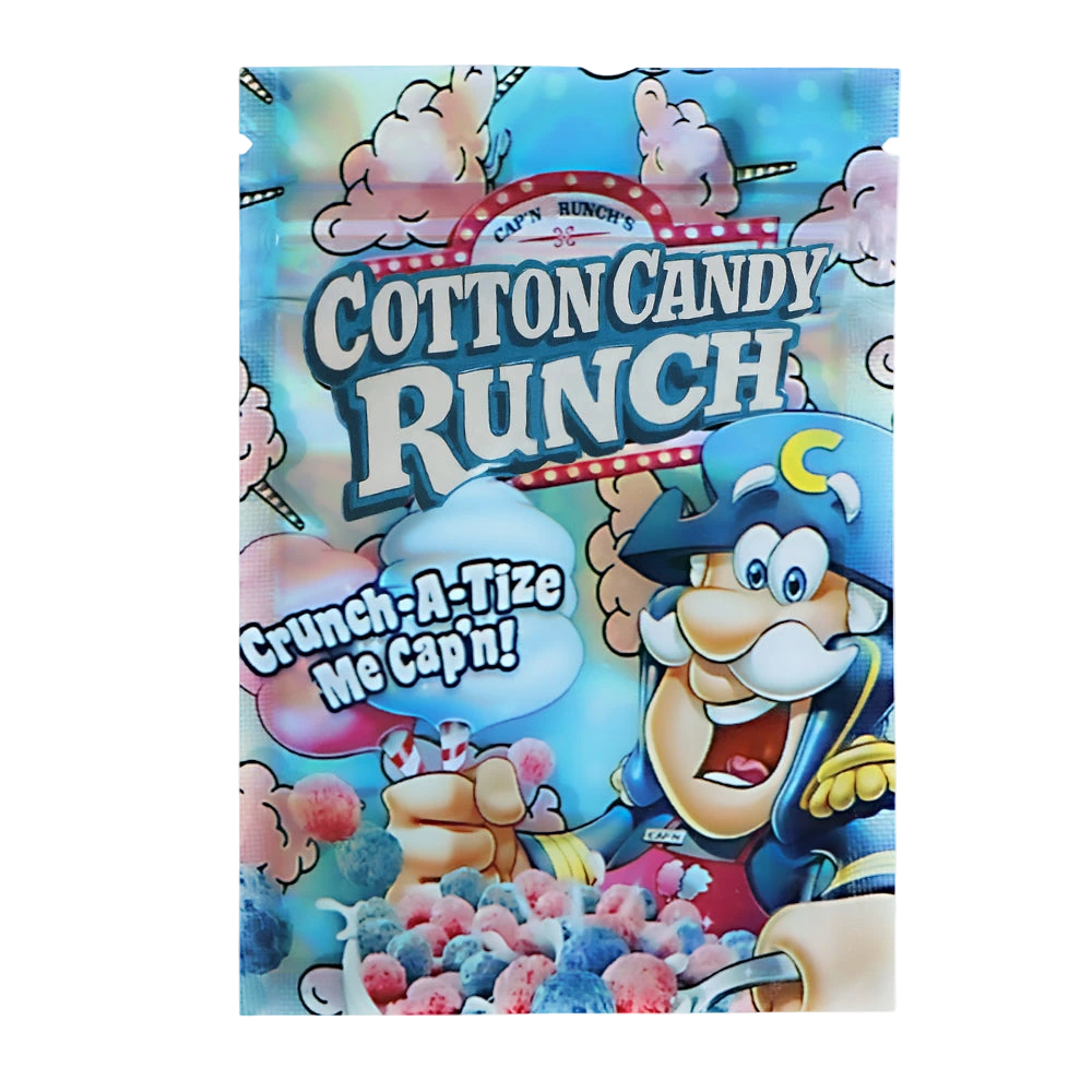 Mylar Bag Cotton Candy Runch candy package with cartoon character on a white background