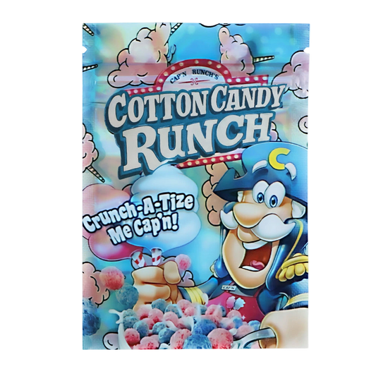 Mylar Bag Cotton Candy Runch candy package with cartoon character on a white background