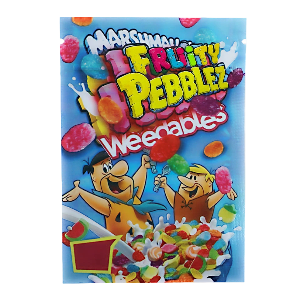 Mylar Bag Packaging of Marshmallows Fruity Pebblez Weeables with cartoon characters on a blue background